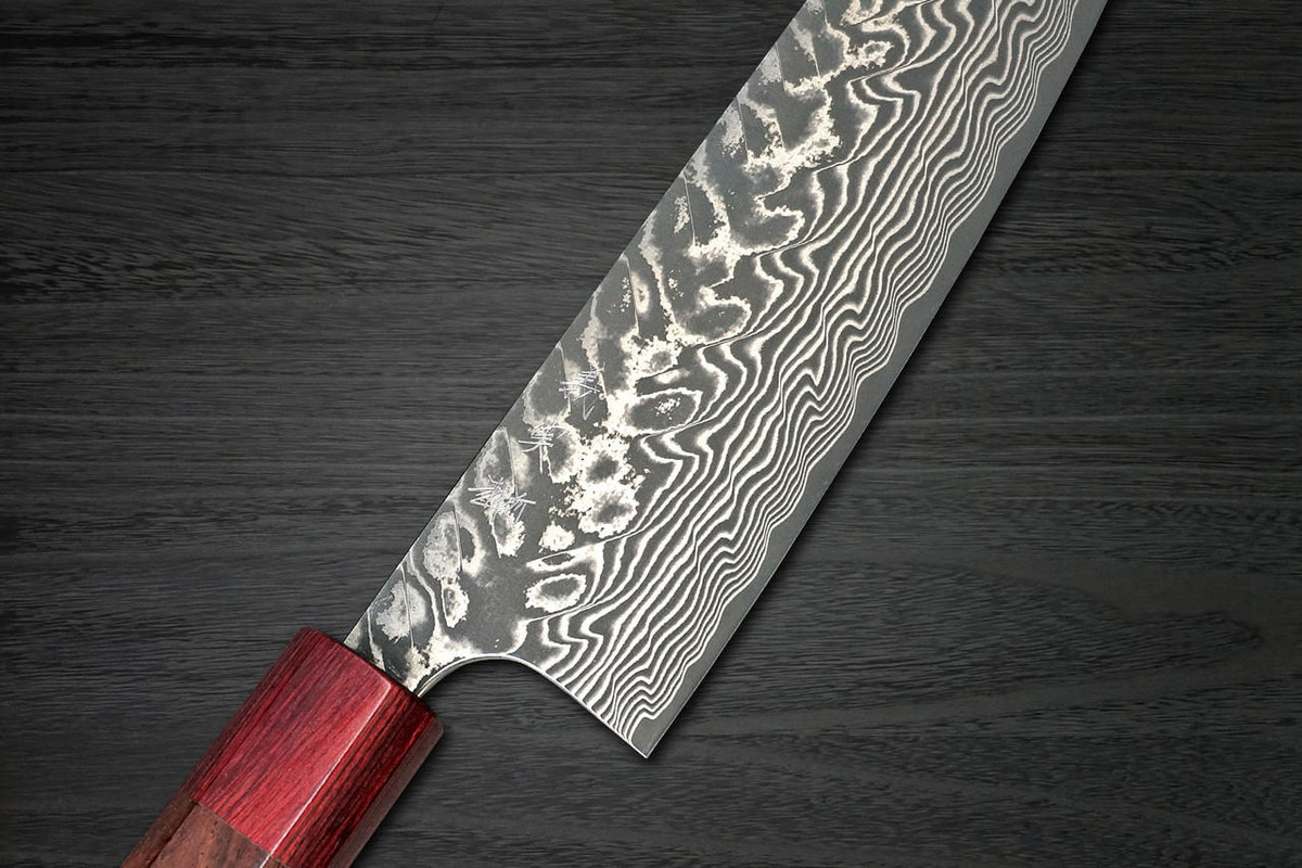 Yoshimi Kato R2 Black Damascus RS8R Japanese Chef's Santoku Knife 170mm with Red-Ring Octagonal Honduran Rosewood Handle 