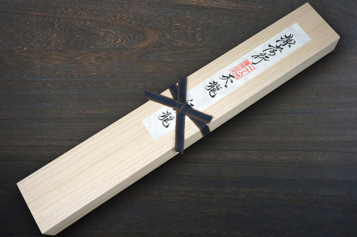 Sakai Takayuki Tenryu Damascus Aogami 2 steel Japanese Chefs YanagibaSashimi 270mm Dragon No.5 Engraved with Red Ebony Handle and Saya Sheath