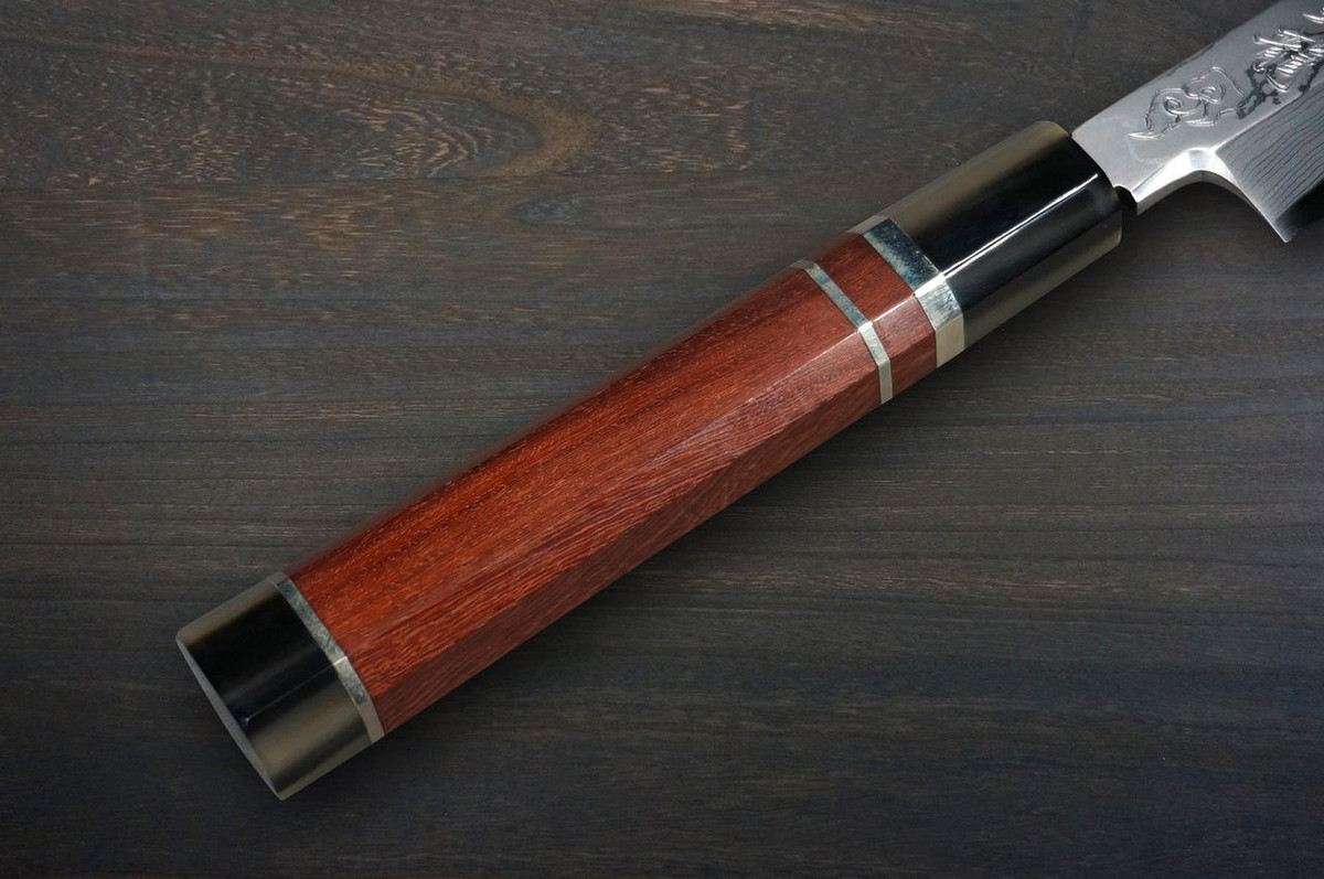 Sakai Takayuki Tenryu Damascus Aogami 2 steel Japanese Chefs YanagibaSashimi 300mm Dragon No.4 Engraved with Red Ebony Handle and Saya Sheath