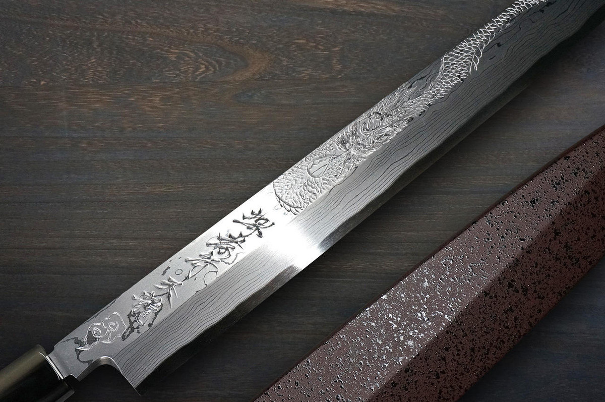 Sakai Takayuki Tenryu Damascus Aogami 2 steel Japanese Chefs YanagibaSashimi 300mm Dragon No.4 Engraved with Red Ebony Handle and Saya Sheath