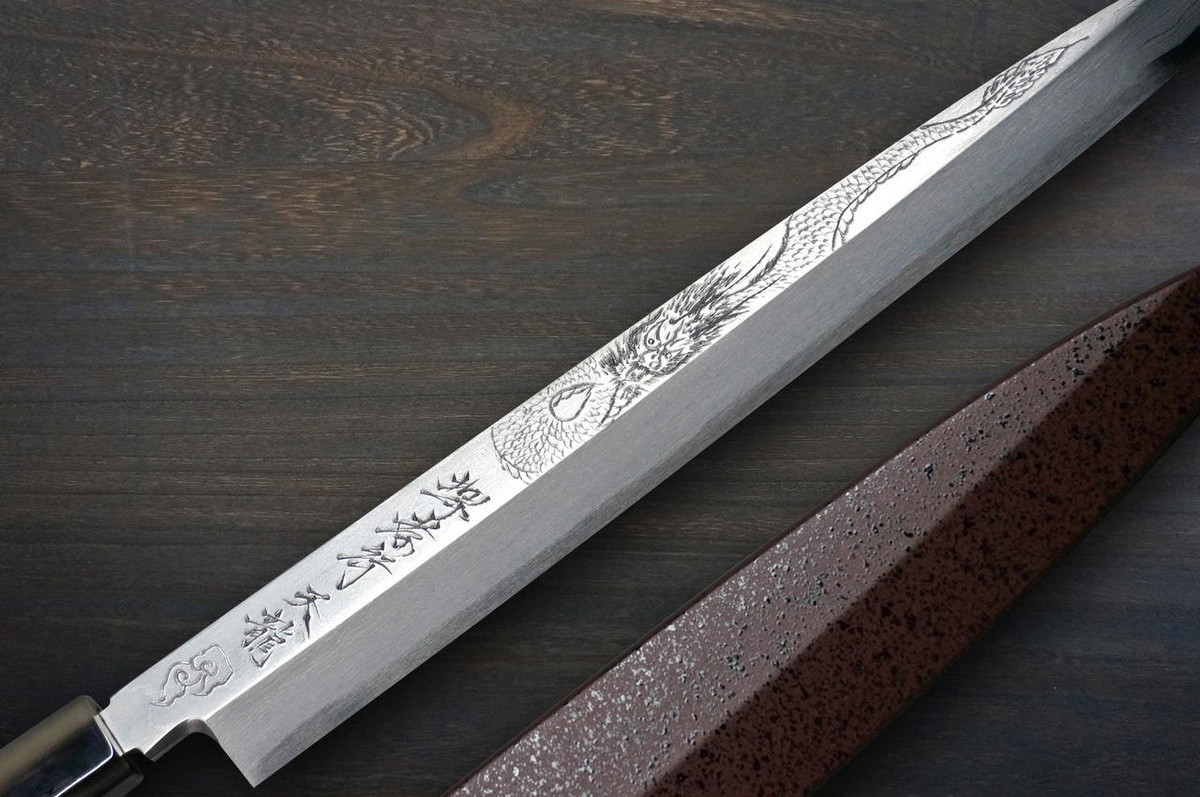 Sakai Takayuki Tenryu Damascus Aogami 2 steel Japanese Chefs YanagibaSashimi 300mm Dragon No.4 Engraved with Red Ebony Handle and Saya Sheath