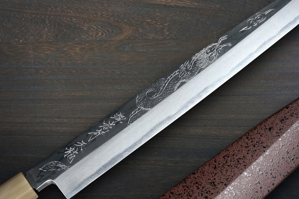 Sakai Takayuki Tenryu Damascus Aogami 2 steel Japanese Chefs YanagibaSashimi 300mm Dragon No.5 Engraved with Red Ebony Handle and Saya Sheath