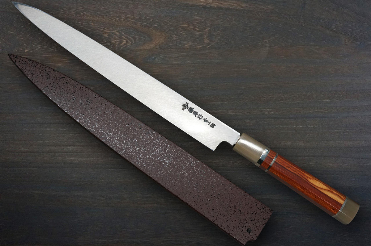 Sakai Takayuki Tenryu Damascus Aogami 2 steel Japanese Chefs YanagibaSashimi 300mm Dragon No.5 Engraved with Red Ebony Handle and Saya Sheath