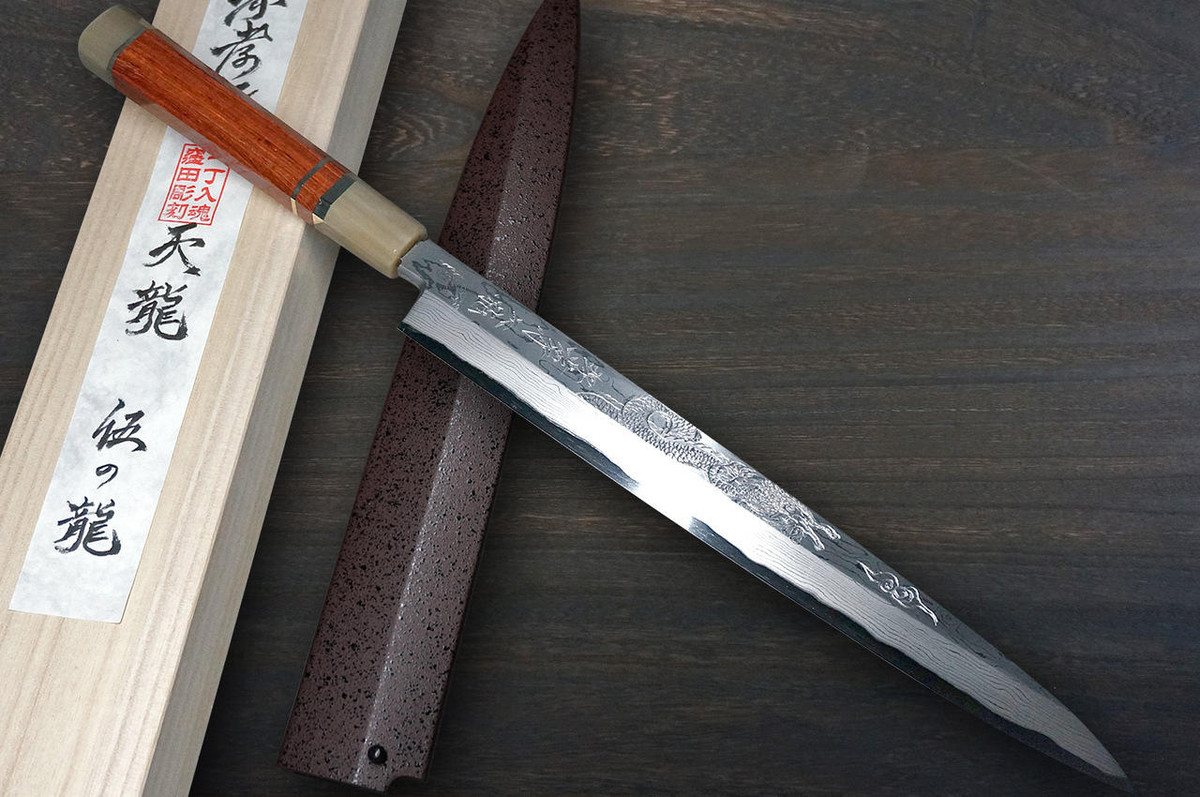Sakai Takayuki Tenryu Damascus Aogami 2 steel Japanese Chefs YanagibaSashimi 300mm Dragon No.5 Engraved with Red Ebony Handle and Saya Sheath