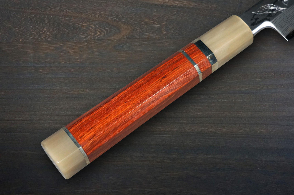 Sakai Takayuki Tenryu Damascus Aogami 2 steel Japanese Chefs YanagibaSashimi 300mm Dragon No.5 Engraved with Red Ebony Handle and Saya Sheath