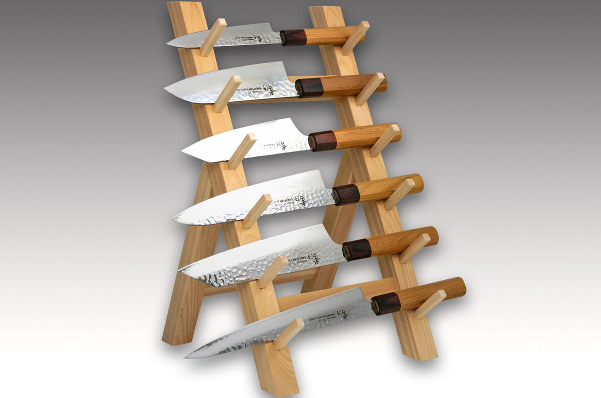 Japanese Natural Wood Knife Tower Rack for 6 Knives
