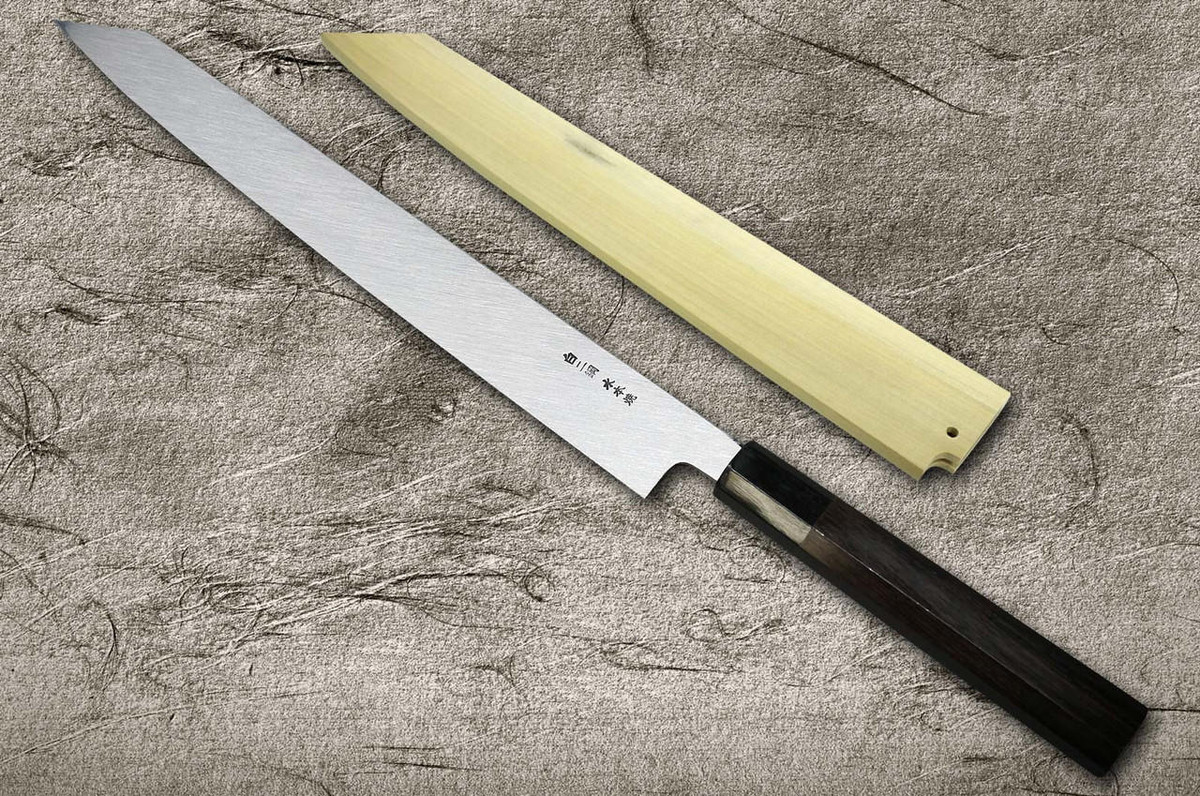 Yoshihiro White No.2 Honyaki MtFuji-Art AFHY Water-Quenched Japanese Chefs Kiritsuke-YanagibaSashimi 300mm with Saya Sheath and Ebony Handle