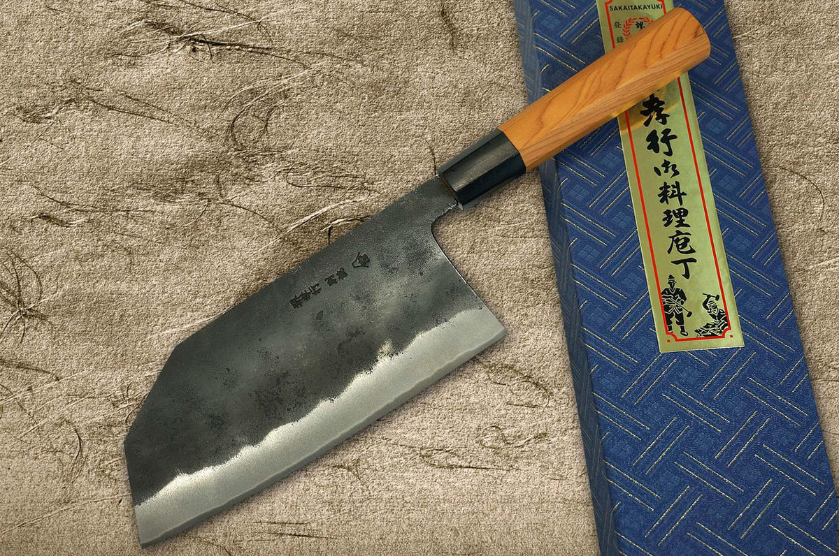 Sakai Takayuki Tokujyo Supreme White 2 steel Kurouchi Wide Bunka Knife 180mm with Yew and Buffalo Handle