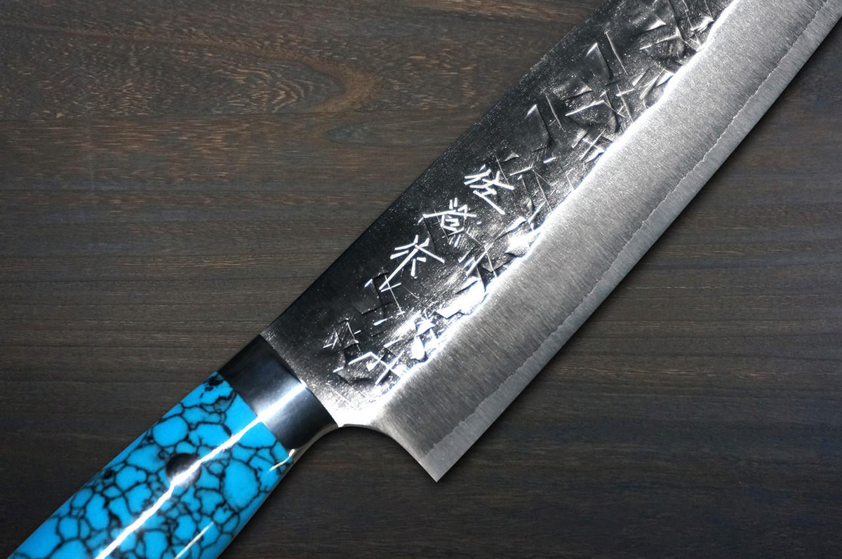 Takeshi Saji SRS13 Mirror Hammered NNM Japanese Chef's Gyuto Knife 210mm with Blue Turquoise Handle Nomura Special 