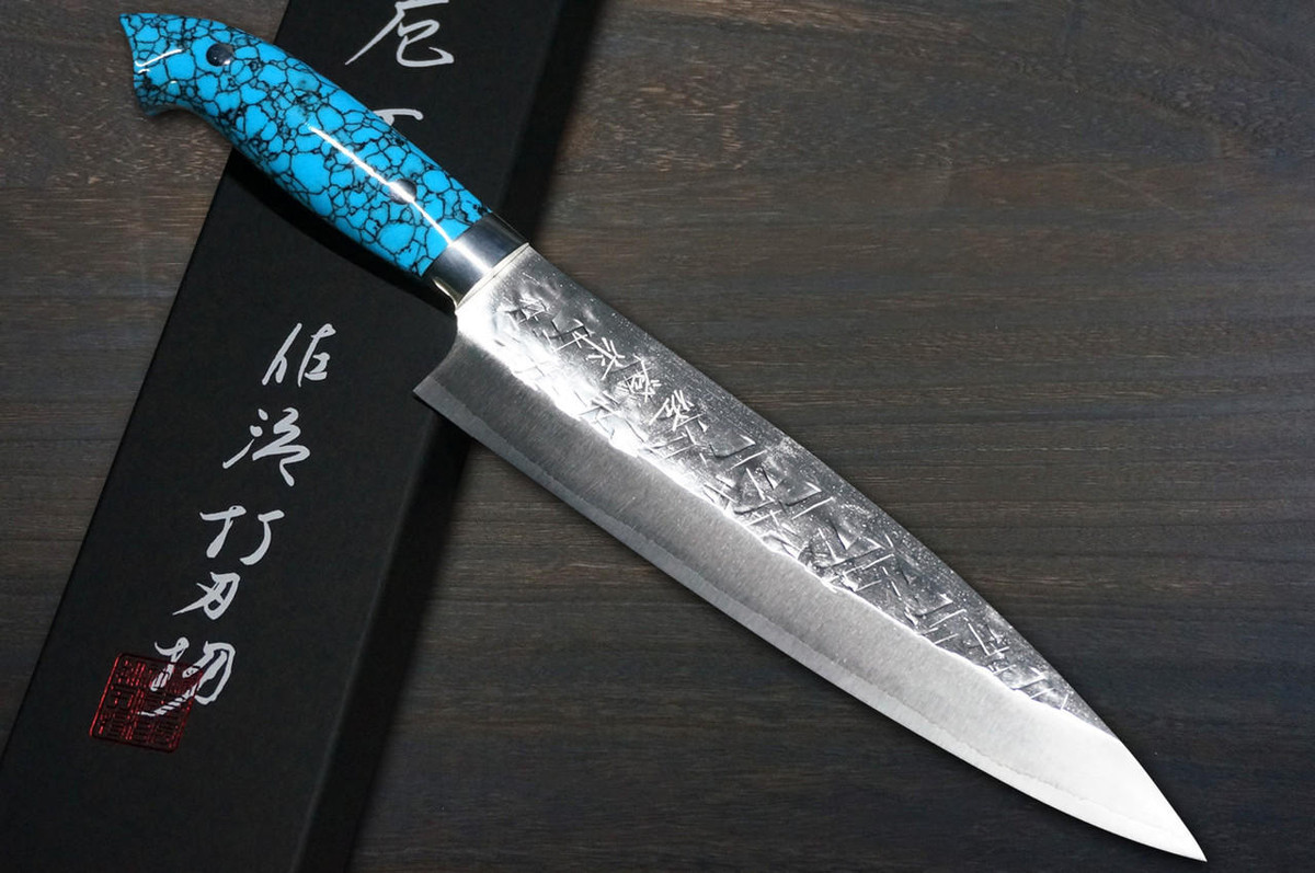 Takeshi Saji SRS13 Mirror Hammered NNM Japanese Chef's Gyuto Knife 210mm with Blue Turquoise Handle Nomura Special 