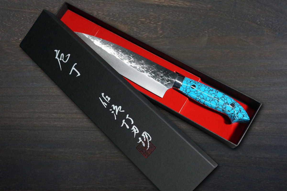 Takeshi Saji SRS13 Mirror Hammered NNM Japanese Chef's Gyuto Knife 210mm with Blue Turquoise Handle Nomura Special 