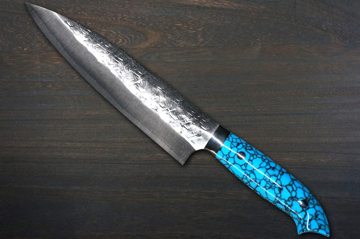 Takeshi Saji SRS13 Mirror Hammered NNM Japanese Chef's Gyuto Knife 210mm with Blue Turquoise Handle Nomura Special 