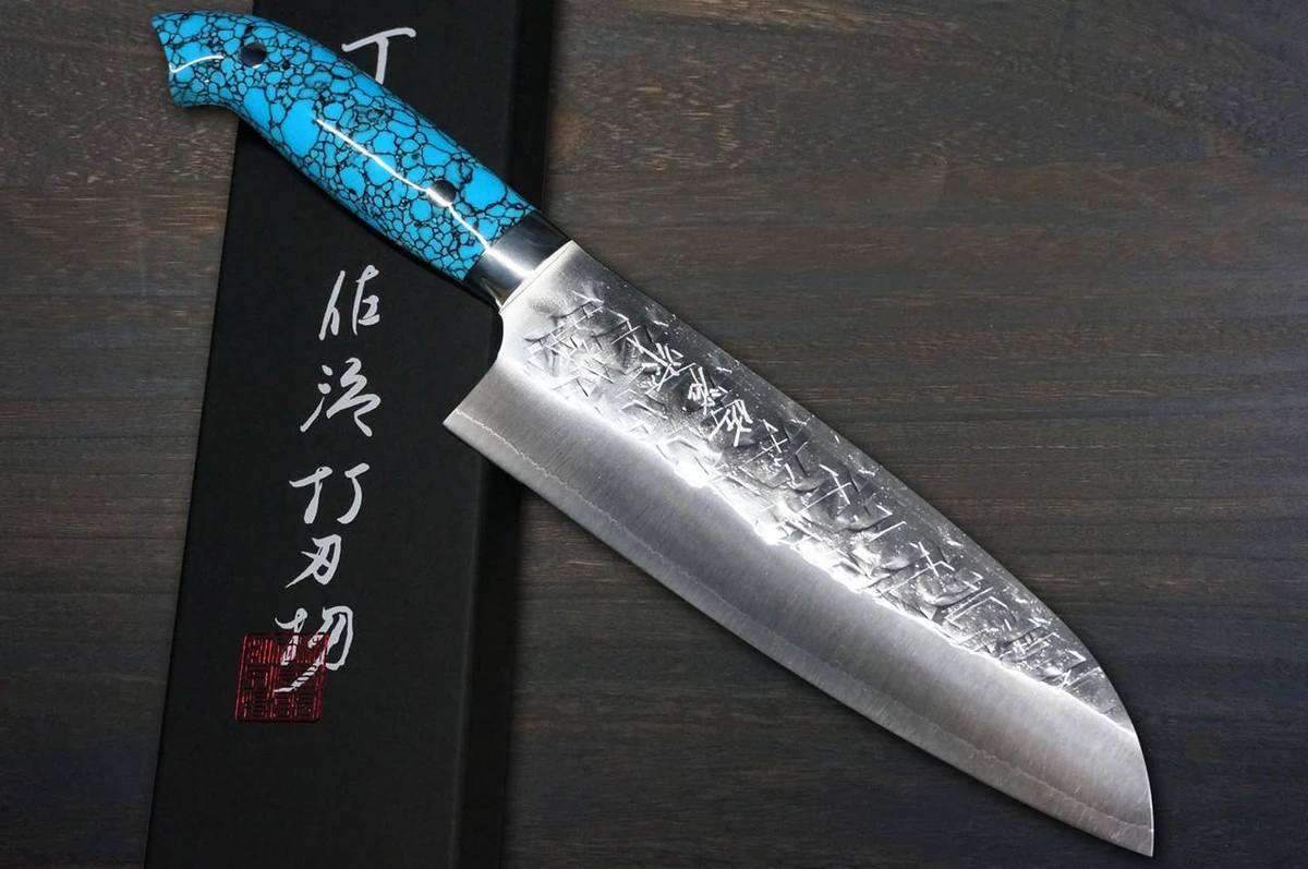 佐治武士SRS13 镜面锤纹NNM 日本厨师三德刀180mm 蓝绿松石手柄野村特别