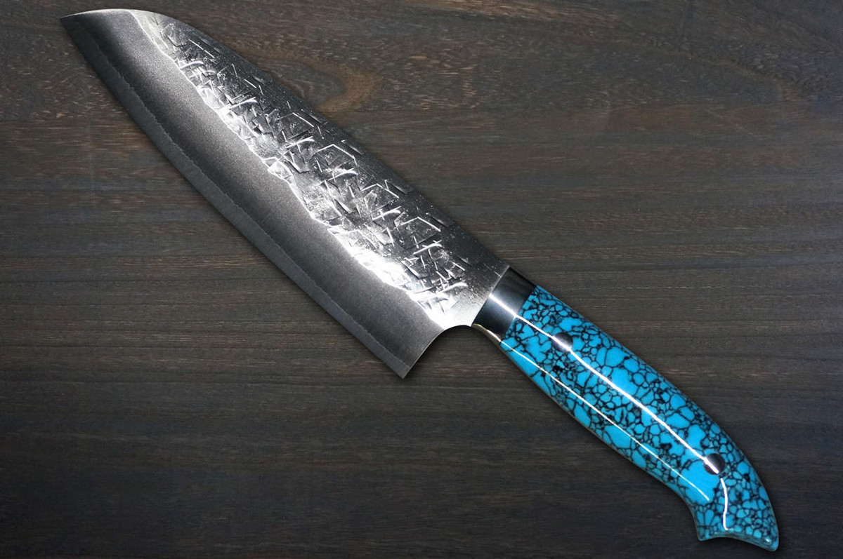 佐治武士SRS13 镜面锤纹NNM 日本厨师三德刀180mm 蓝绿松石手柄野村特别