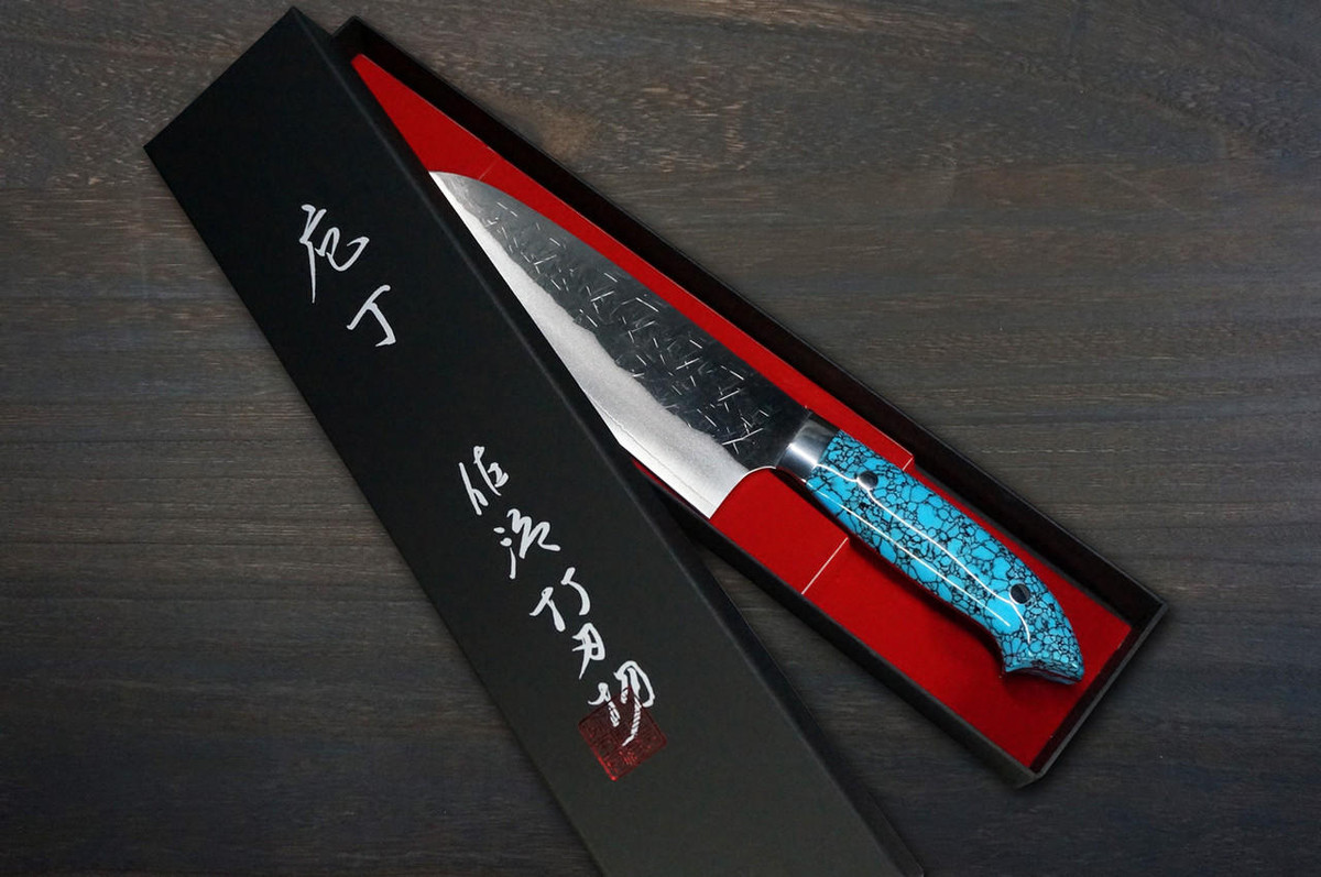 佐治武士SRS13 镜面锤纹NNM 日本厨师三德刀180mm 蓝绿松石手柄野村特别