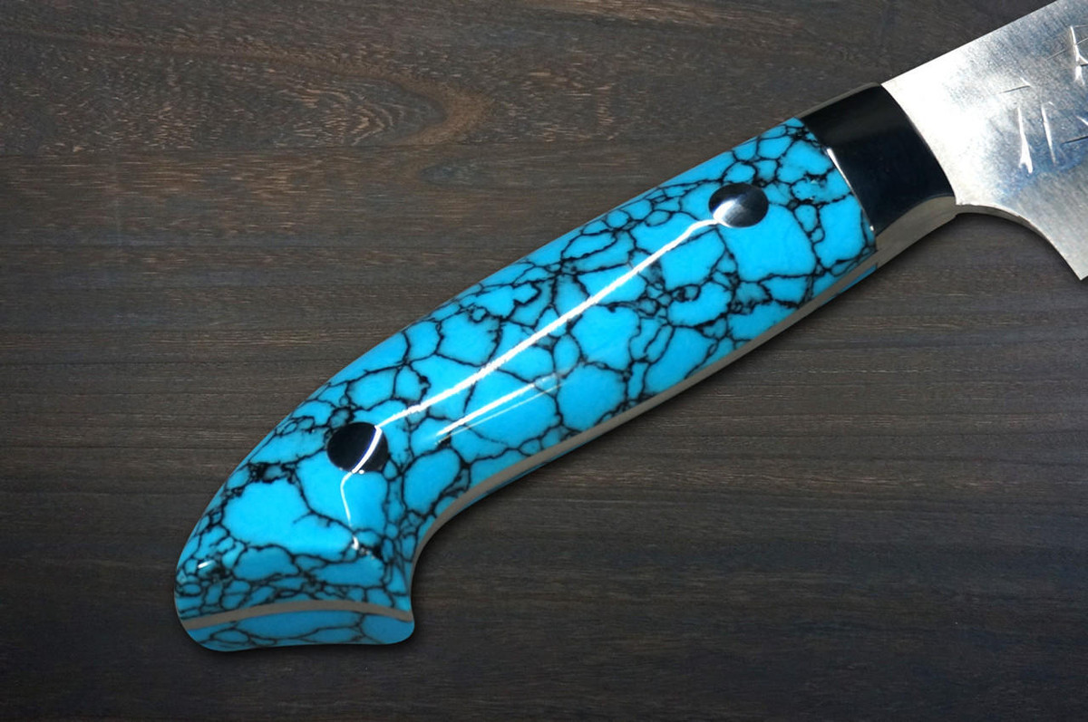 Takeshi Saji SRS13 Mirror Hammered Nomura Special Japanese Chefs Petty KnifeUtility 130mm with Blue Turquoise Handle