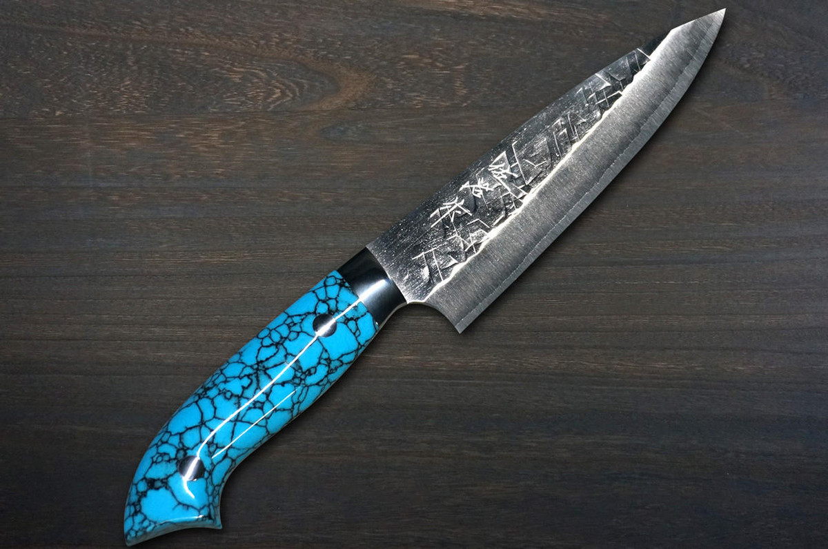 Takeshi Saji SRS13 Mirror Hammered Nomura Special Japanese Chefs Petty KnifeUtility 130mm with Blue Turquoise Handle