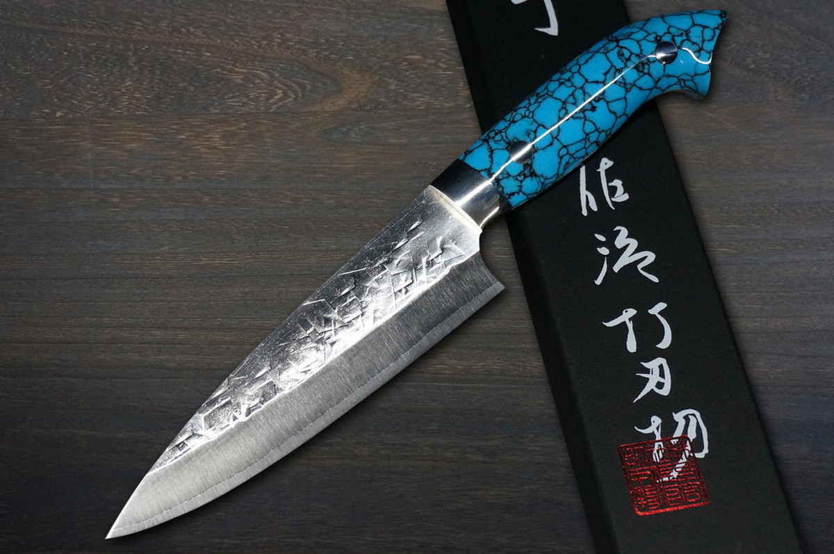 Takeshi Saji SRS13 Mirror Hammered Nomura Special Japanese Chefs Petty KnifeUtility 130mm with Blue Turquoise Handle
