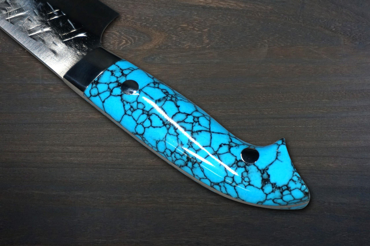 Takeshi Saji SRS13 Mirror Hammered Nomura Special Japanese Chefs Petty KnifeUtility 130mm with Blue Turquoise Handle