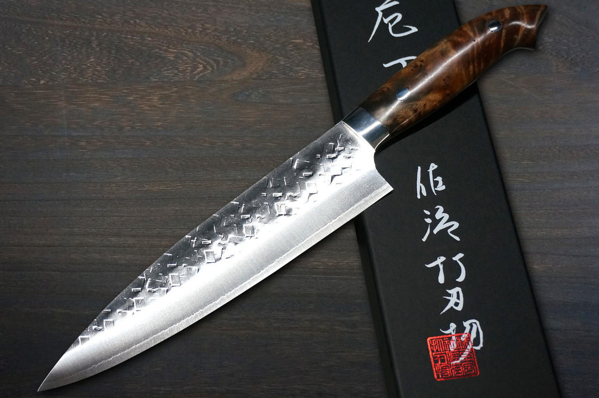Takeshi Saji SRS13 Mirror Hammered NNM Japanese Chef's Gyuto Knife 210mm with Karin Lump Handle Nomura Special 