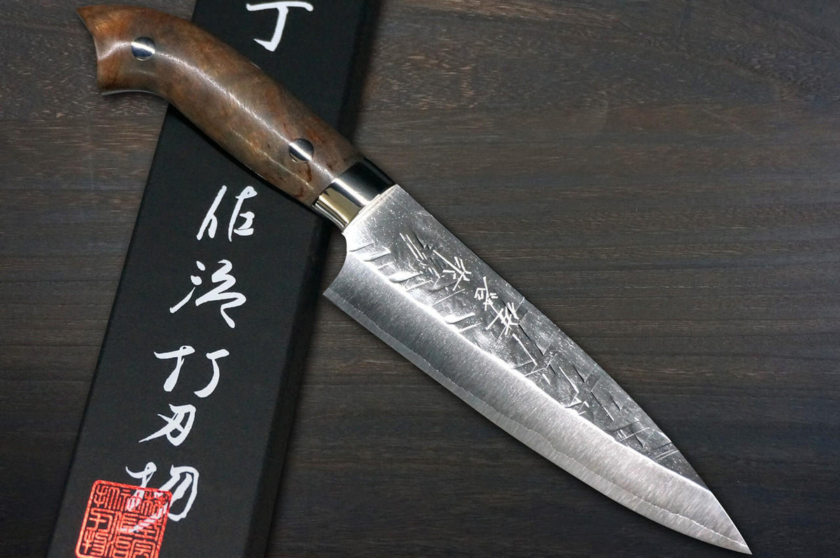 Takeshi Saji SRS13 Mirror Hammered Nomura Special Japanese Chefs Petty KnifeUtility 130mm with Karin Lump Handle