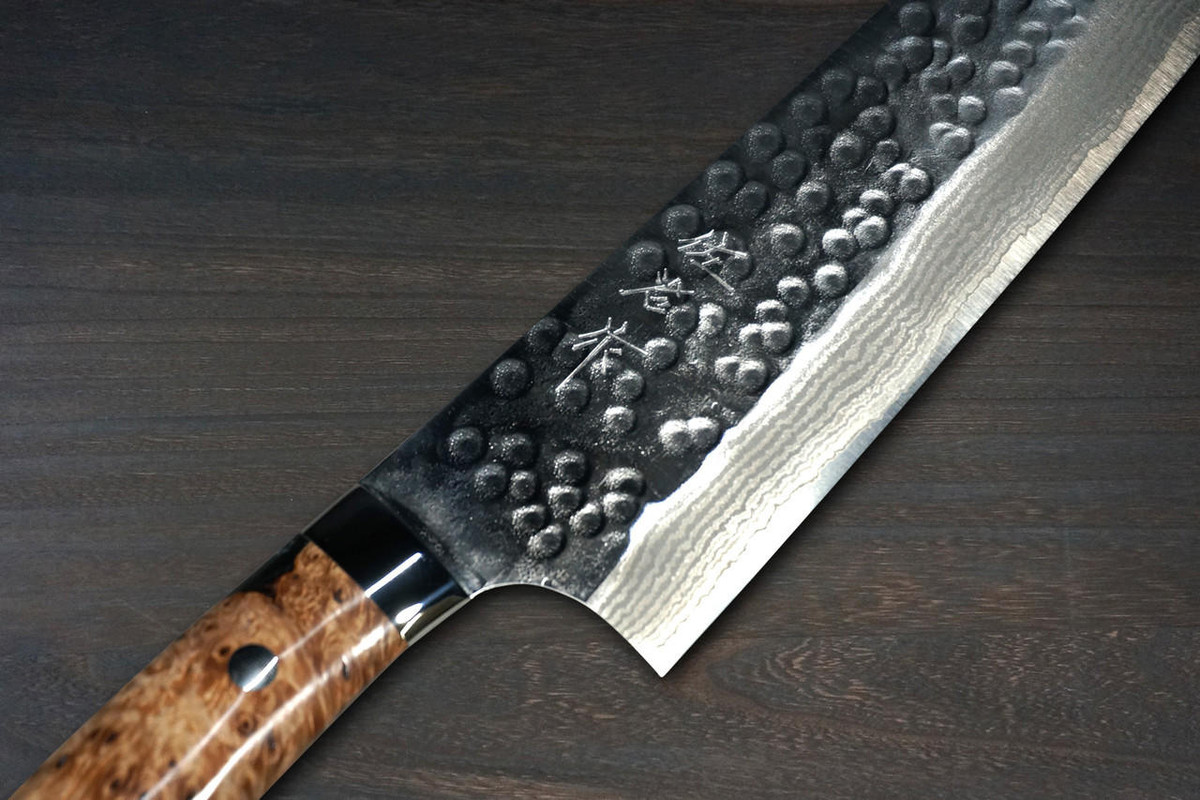 Takeshi Saji SRS13 Mirror Hammered Damascus STW Japanese Chefs Bunka Knife 180mm Bottle-Green Stabilized Hybrid Resin Handle
