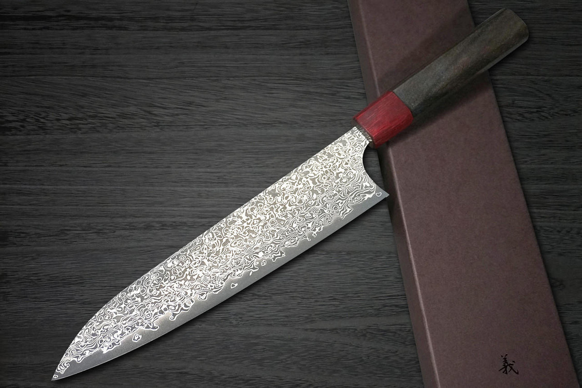 Yoshimi Kato 63 Layer VG10 Black Damascus RS8R Japanese Chef's Gyuto Knife 240mm with Red-Ring Octagonal Handle 