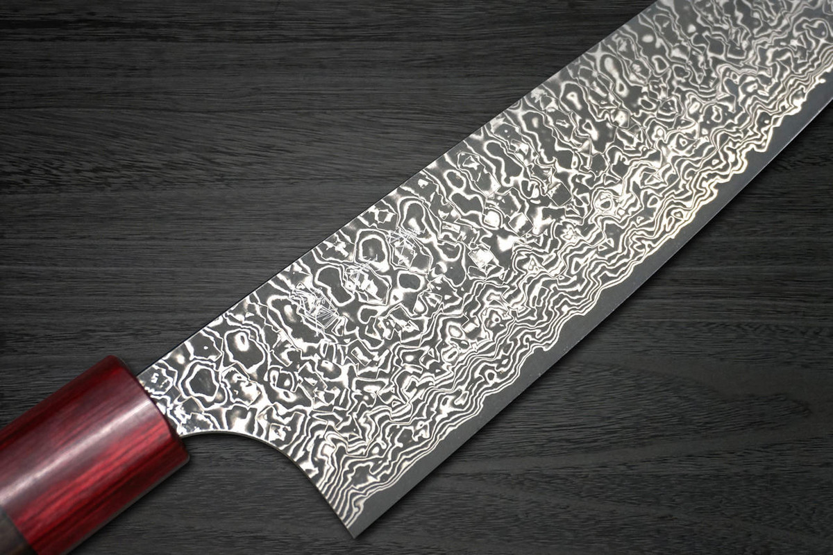 Yoshimi Kato 63 Layer VG10 Black Damascus RS8R Japanese Chef's Kengata-Gyuto Knife 210mm with Red-Ring Octagonal Handle 