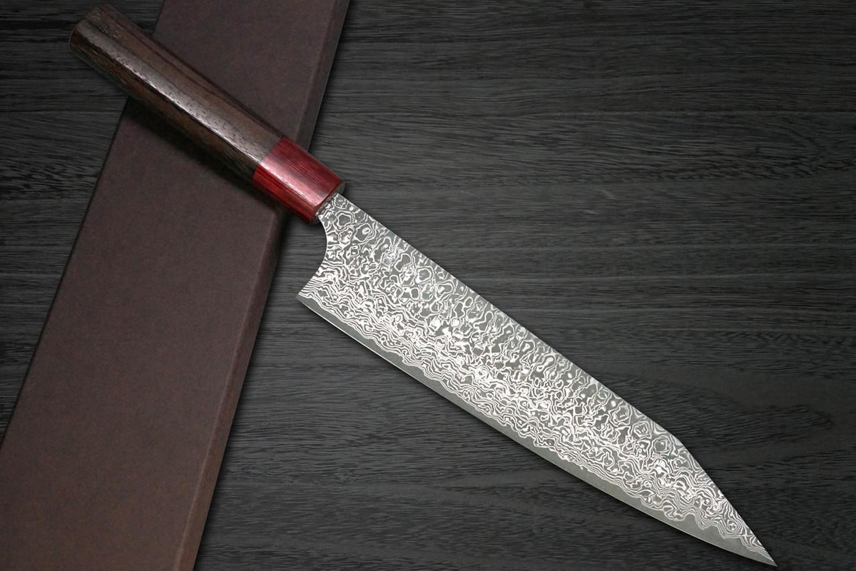 Yoshimi Kato 63 Layer VG10 Black Damascus RS8R Japanese Chef's Kengata-Gyuto Knife 210mm with Red-Ring Octagonal Handle 