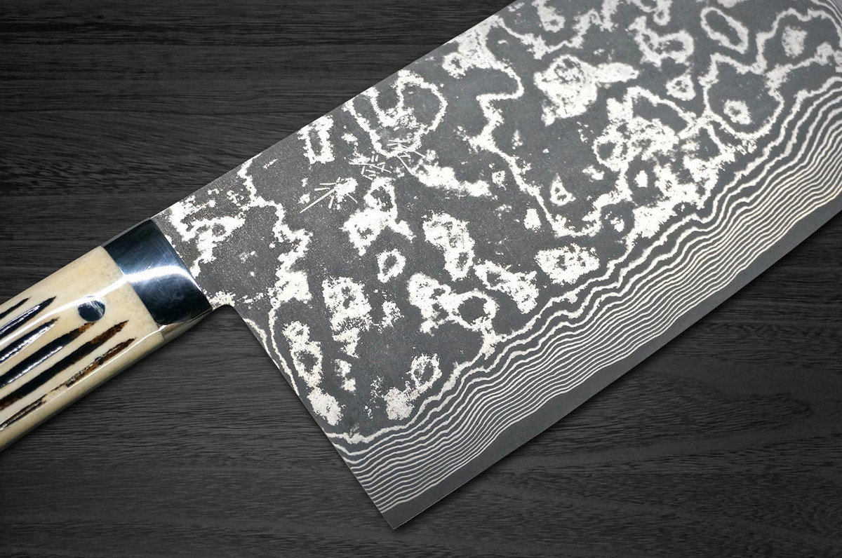 Takeshi Saji VG10 Black Damascus DHW Japanese Chefs Chinese Cooking Knife 220mm with White Antler Handle