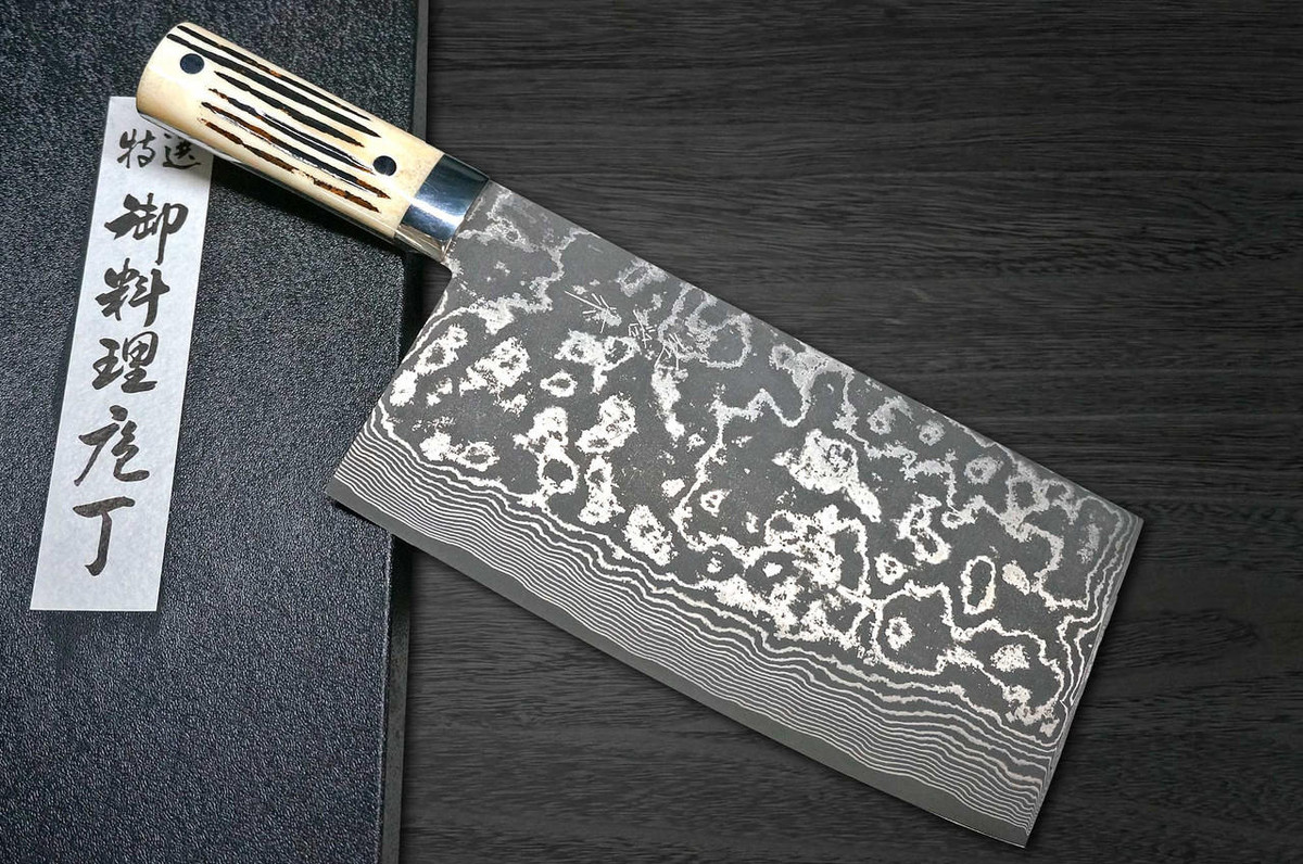 Takeshi Saji VG10 Black Damascus DHW Japanese Chefs Chinese Cooking Knife 220mm with White Antler Handle