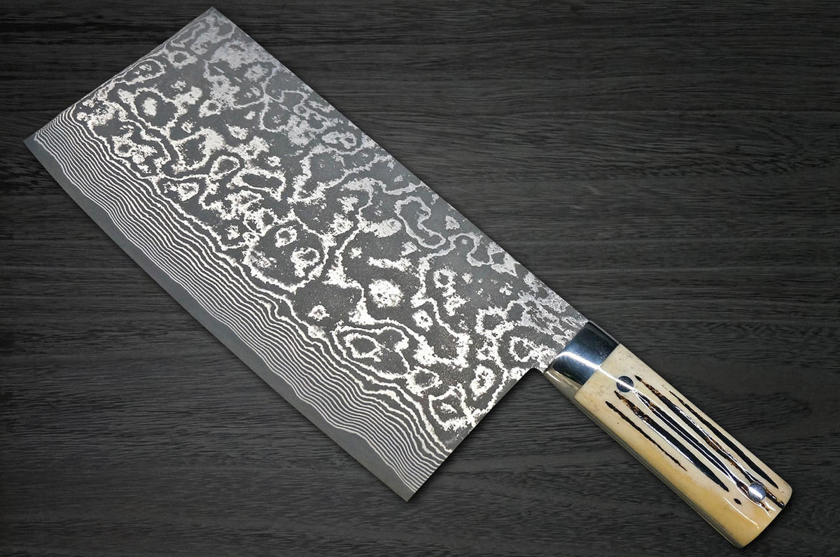 Takeshi Saji VG10 Black Damascus DHW Japanese Chefs Chinese Cooking Knife 220mm with White Antler Handle