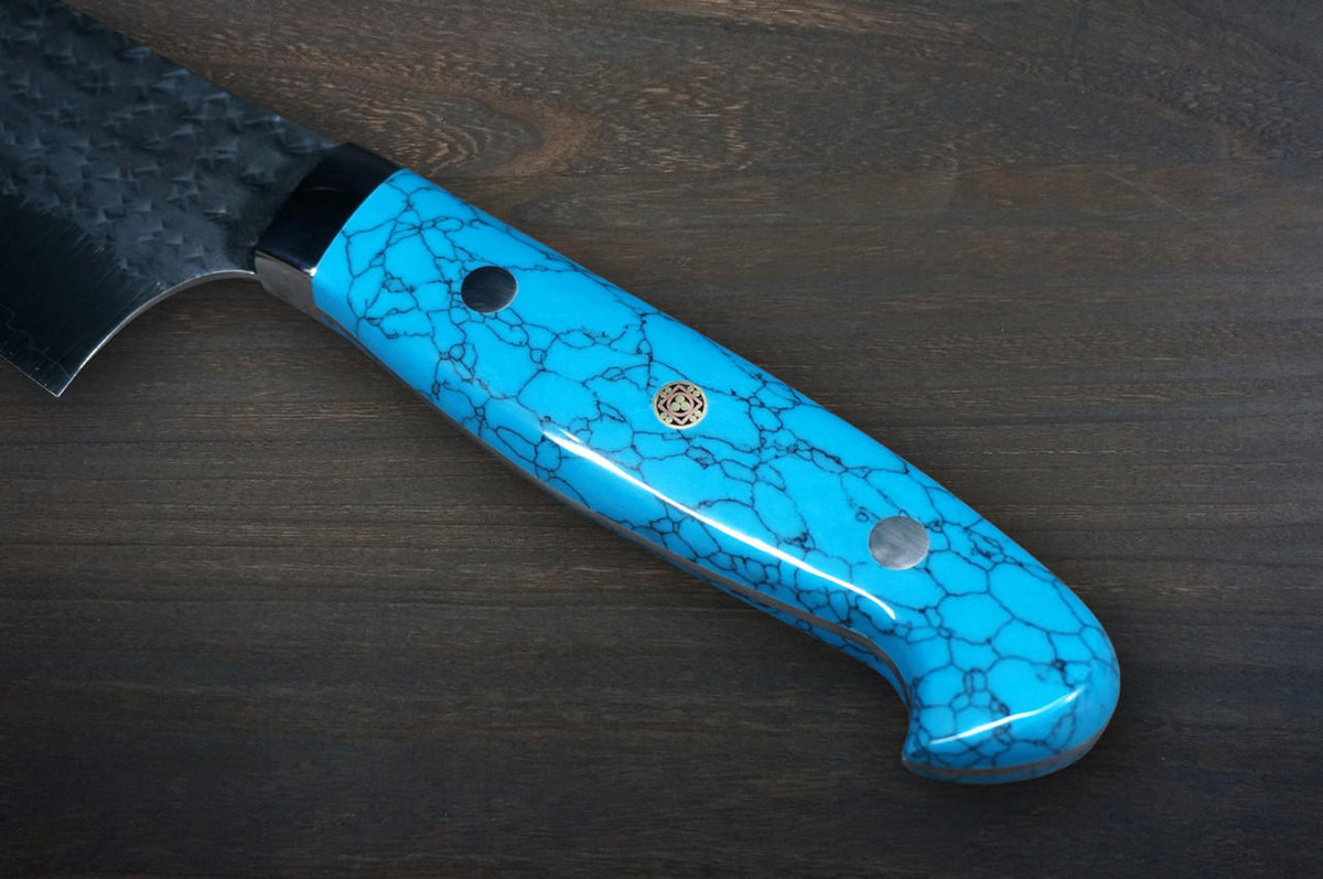 Yu Kurosaki R2SG2 Hammered SENKO-EI Custom TCA Japanese Chefs Bunka Knife 165mm with Blue Turquoise Handle