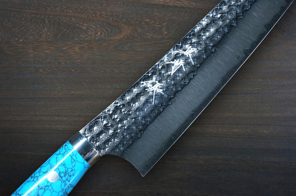 Yu Kurosaki R2SG2 Hammered SENKO-EI Custom TCA Japanese Chefs Bunka Knife 165mm with Blue Turquoise Handle