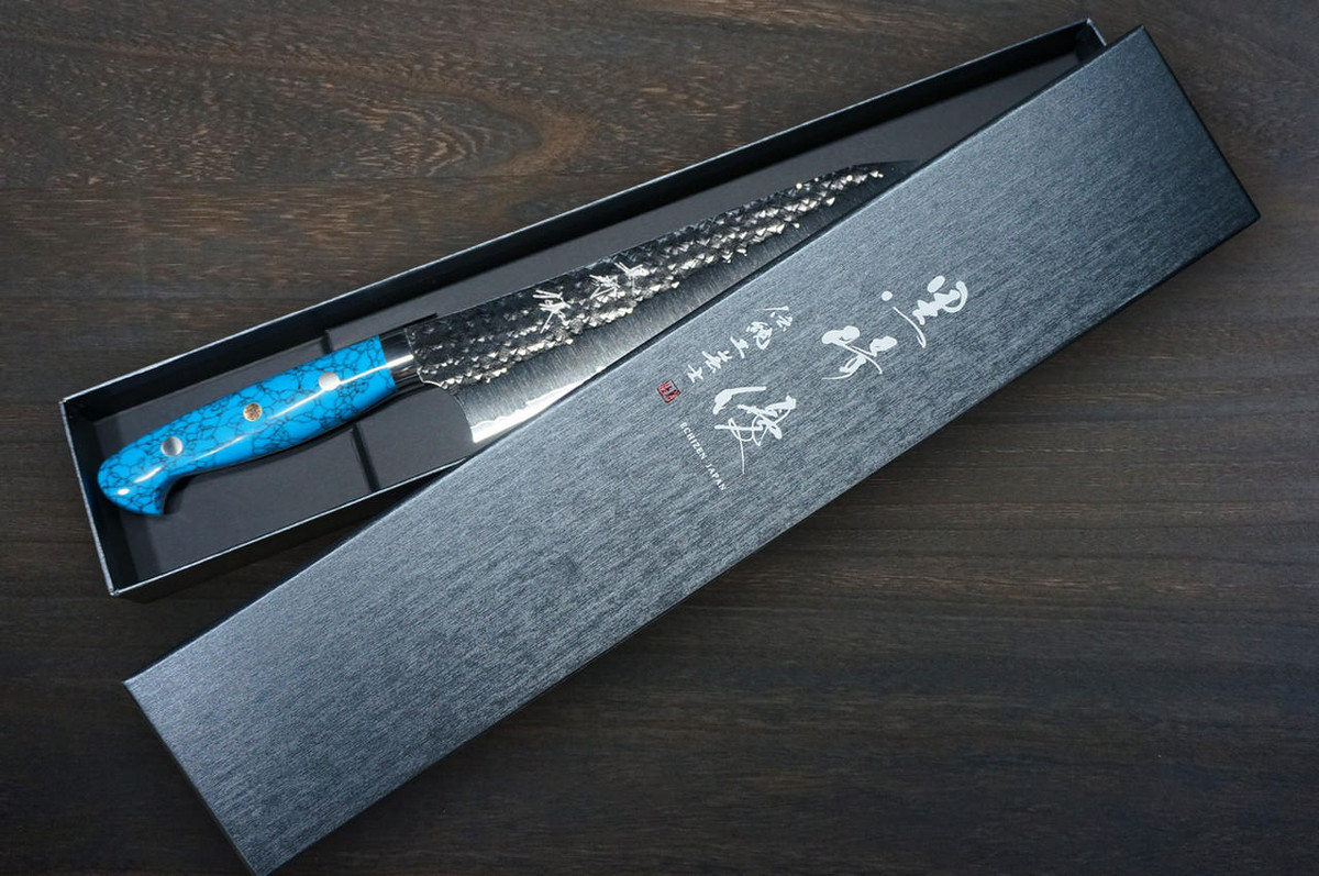 Yu Kurosaki R2SG2 Hammered SENKO-EI Custom TCA Japanese Chefs Bunka Knife 165mm with Blue Turquoise Handle