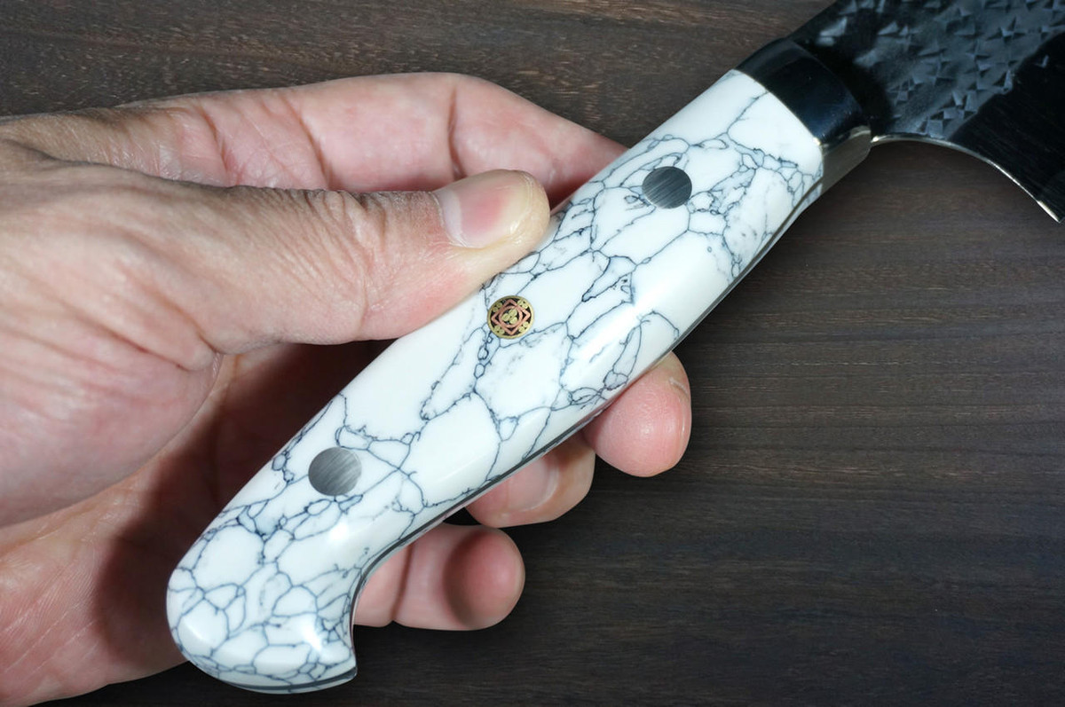 Yu Kurosaki R2SG2 Hammered SENKO-EI Custom TCW Japanese Chefs Bunka Knife 165mm with White Turquoise Handle