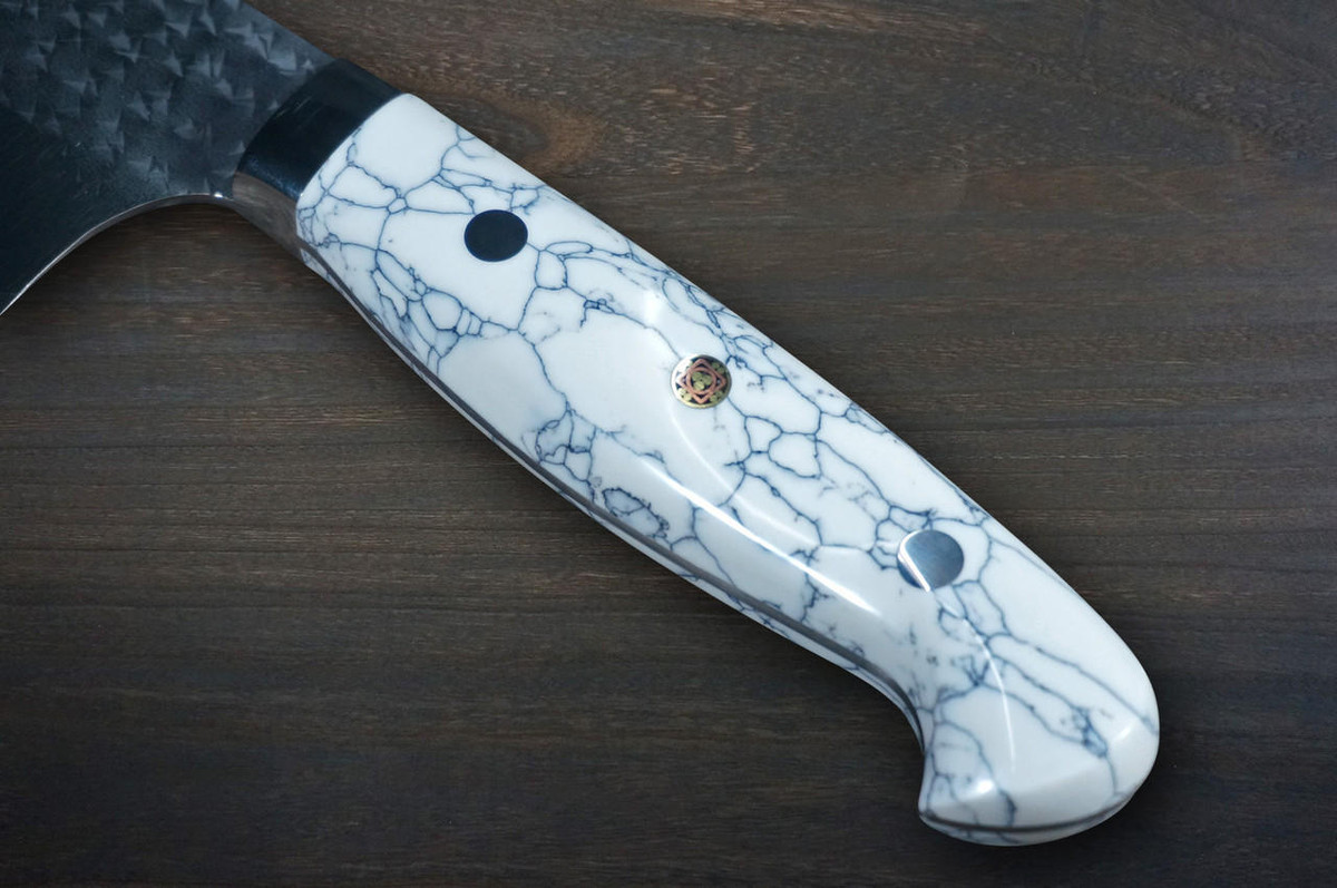 Yu Kurosaki R2SG2 Hammered SENKO-EI Custom TCW Japanese Chefs Bunka Knife 165mm with White Turquoise Handle