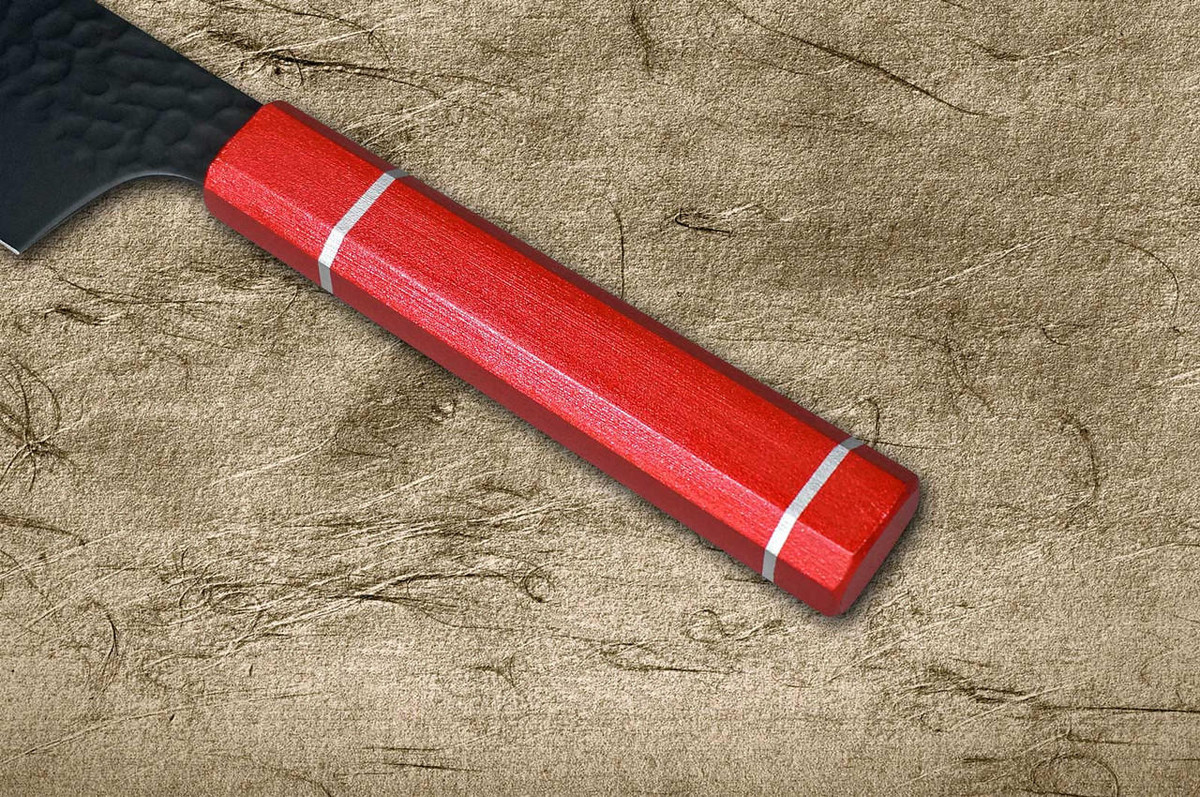 Sakai Takayuki Non-Stick Coating VG10 Hammered WA KUROKAGE Japanese Chefs Kengata-Santoku Knife 160mm with Japanese Lacquered Oak Handle KOUSEKI