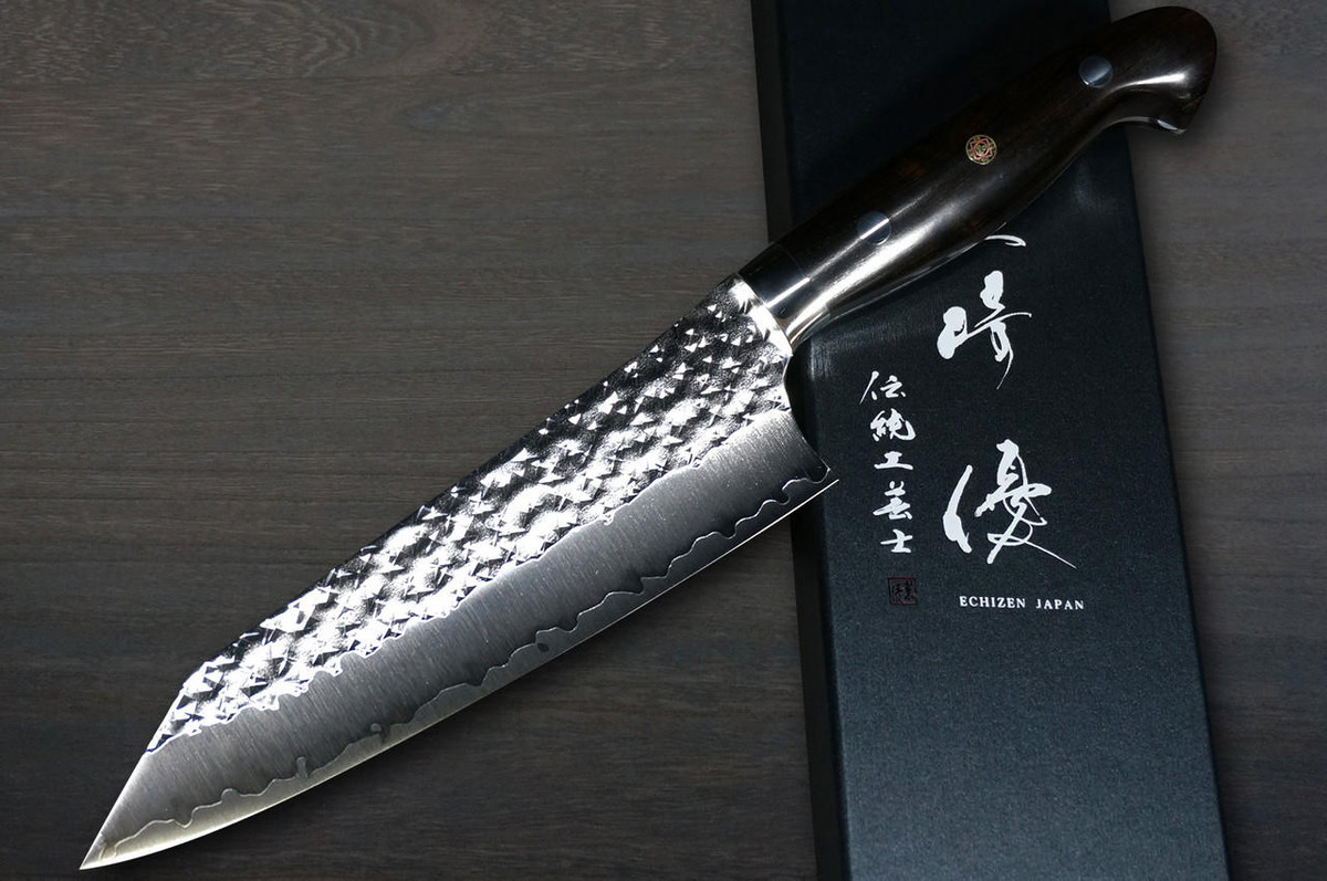 Yu Kurosaki R2(SG2) Hammered SENKO-EI Custom EBC Japanese Chef's Bunka Knife 165mm with Ebony Handle 