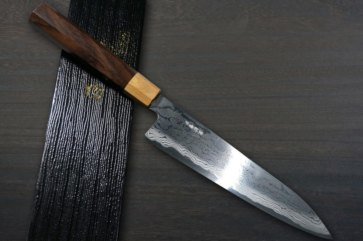 Takayuki Iwai Aogami No.2 Damascus FUMON RS8P Japanese Chef's Gyuto Knife 180mm with White-Ring Octagonal Handle 