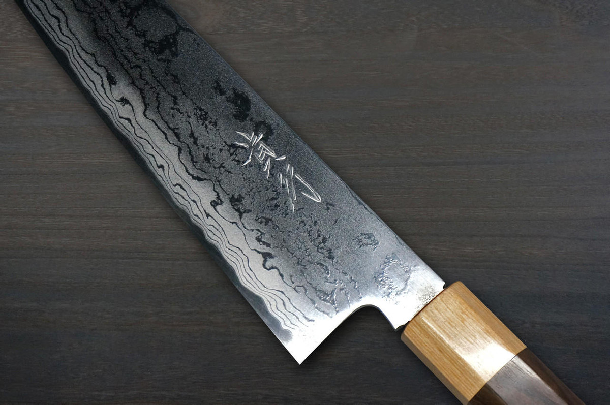 Takayuki Iwai Aogami No.2 Damascus FUMON RS8P Japanese Chef's Gyuto Knife 180mm with White-Ring Octagonal Handle 