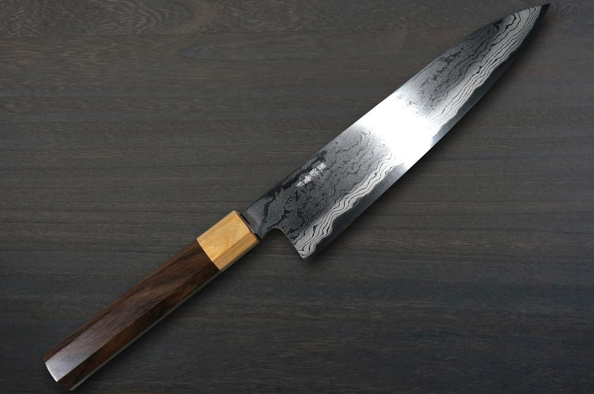 Takayuki Iwai Aogami No.2 Damascus FUMON RS8P Japanese Chef's Gyuto Knife 180mm with White-Ring Octagonal Handle 