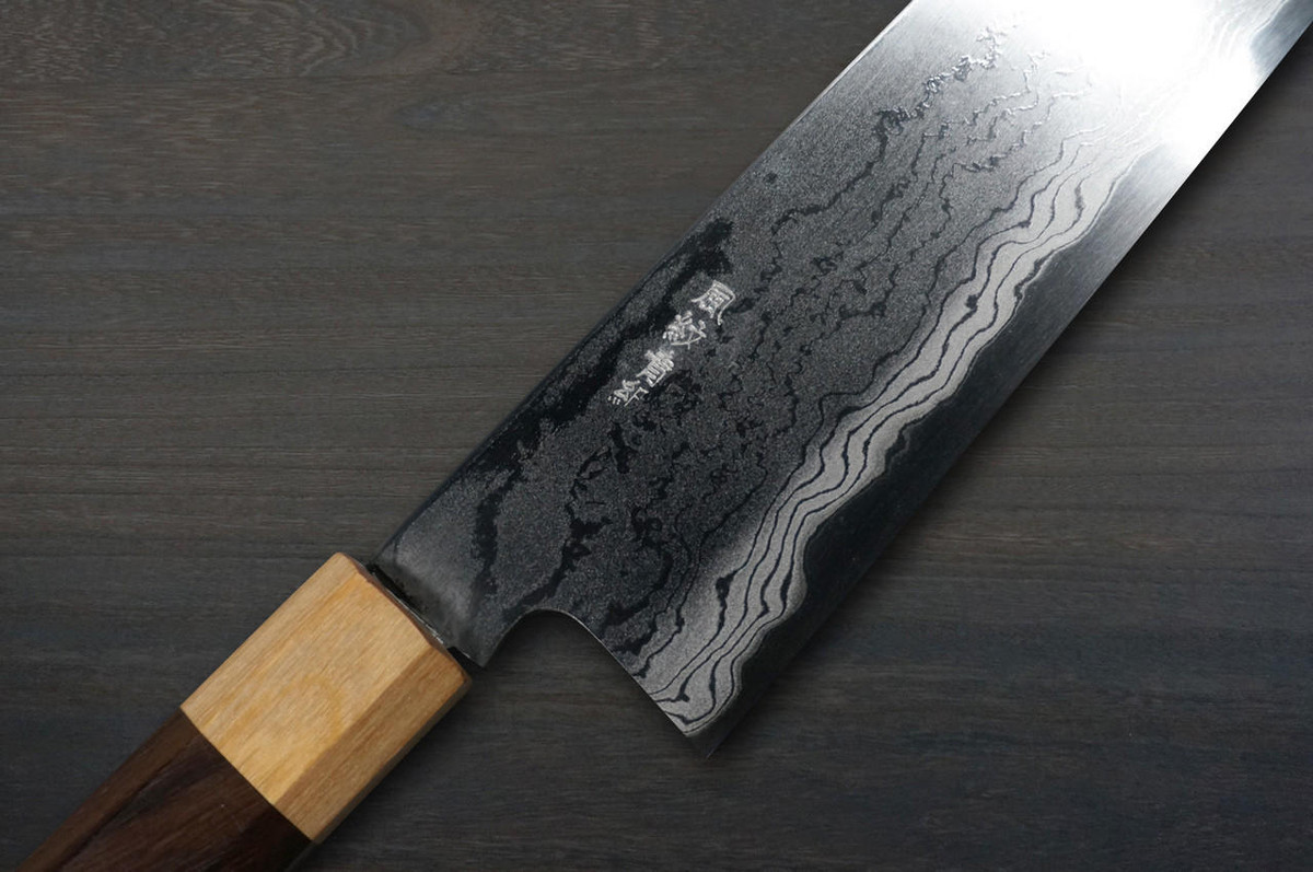Takayuki Iwai Aogami No.2 Damascus FUMON RS8P Japanese Chef's Gyuto Knife 180mm with White-Ring Octagonal Handle 