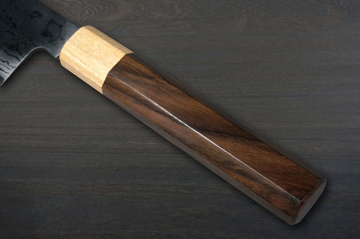 Takayuki Iwai Aogami No.2 Damascus FUMON RS8P Japanese Chef's Gyuto Knife 180mm with White-Ring Octagonal Handle 