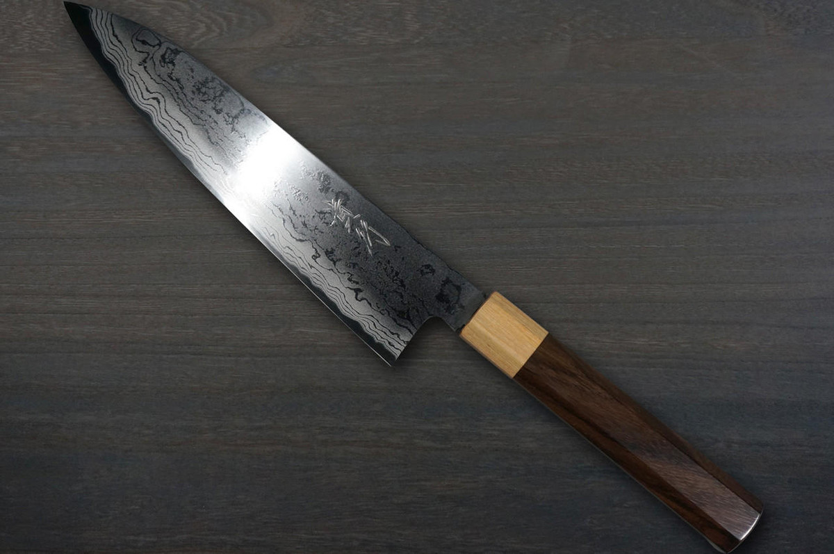 Takayuki Iwai Aogami No.2 Damascus FUMON RS8P Japanese Chef's Gyuto Knife 210mm with White-Ring Octagonal Handle 