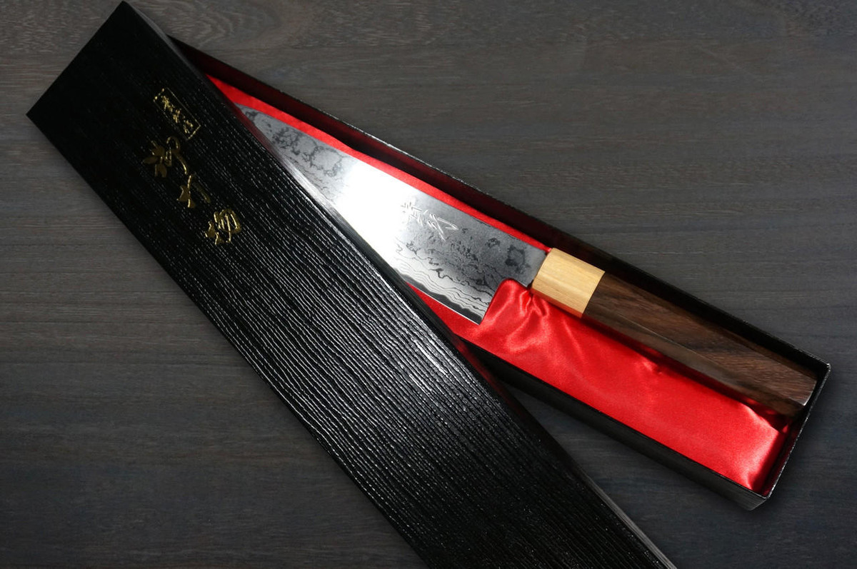 Takayuki Iwai Aogami No.2 Damascus FUMON RS8P Japanese Chef's Gyuto Knife 210mm with White-Ring Octagonal Handle 