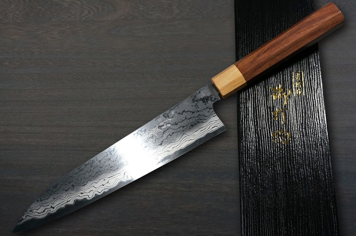 Takayuki Iwai Aogami No.2 Damascus FUMON RS8P Japanese Chef's Gyuto Knife 240mm with White-Ring Octagonal Handle 