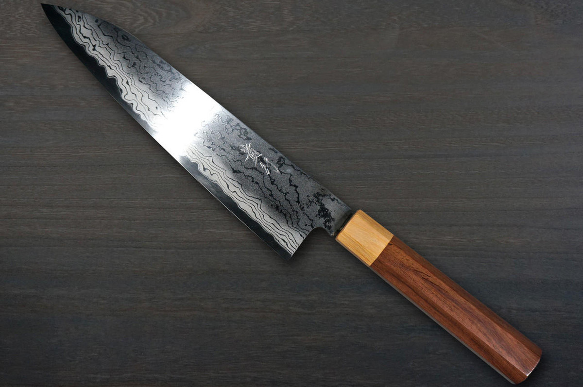 Takayuki Iwai Aogami No.2 Damascus FUMON RS8P Japanese Chef's Gyuto Knife 240mm with White-Ring Octagonal Handle 