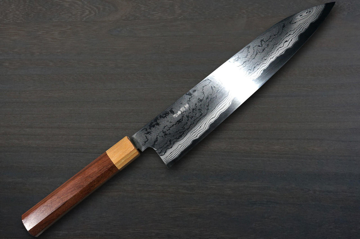 Takayuki Iwai Aogami No.2 Damascus FUMON RS8P Japanese Chef's Gyuto Knife 240mm with White-Ring Octagonal Handle 