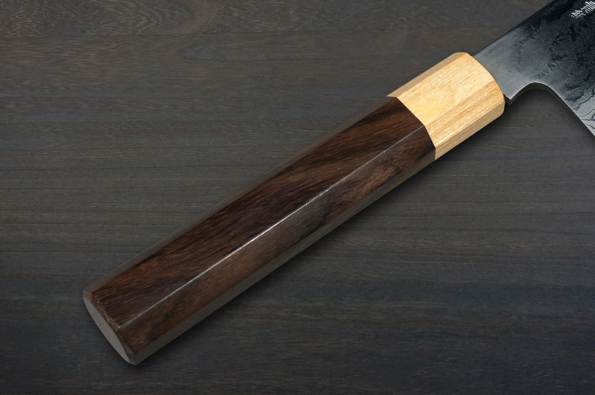 Takayuki Iwai Aogami No.2 Damascus FUMON RS8P Japanese Chef's Gyuto Knife 240mm with White-Ring Octagonal Handle 